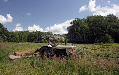 Prangendorf  Deutschland  Landwirt auf einem Traktor maeht eine Wiese