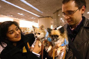 Paris  Frankreich  Paar mit Hunden im Bekleidungsgeschaeft