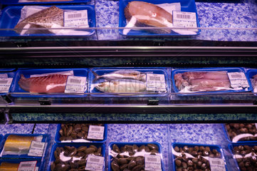 Singapur  Republik Singapur  Abgepackter Fisch im Kuehlregal eines Supermarkts
