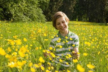 Potsdam  Deutschland  ein Junge pflueckt Blumen auf einer Wiese
