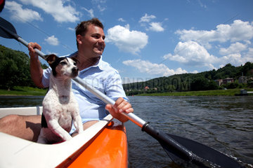 Koenigstein  Deutschland  ein Mann und sein Hund paddeln in einem Kajak auf der Elbe