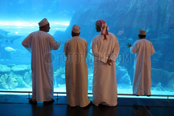Dubai  Vereinigte Arabische Emirate  arabische Maenner vor dem Dubai Aquarium