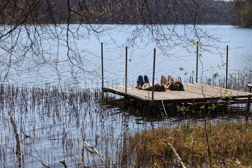 Liepnitzsee  Deutschland  ein Paar liegt auf einem Steg am Liebnitzsee und geniesst den Fruehling