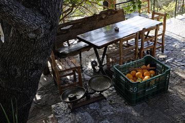 Spanien  Mallorca - Orangenverkauf an einer Aussichtsplattform im Tramuntanagebirge