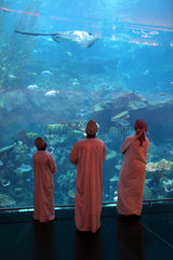 Dubai  Vereinigte Arabische Emirate  arabische Maenner vor dem Dubai Aquarium