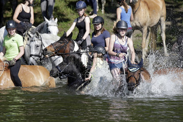 Oberoderwitz  Sachsen  Deutschland - Maedchen springen von ihren Pferden in einen See  das Pferd hat deutlich mehr Spass am baden wie die Reiterin