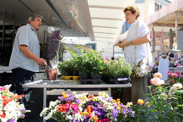 Aquapendente  Italien  Frau kauft auf einem Wochenmarkt eine Pflanze