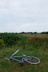 Falkenberg  Schweden  ein liegengelassenes Fahrrad auf einer Wiese
