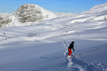 Krippenbrunn  Oesterreich  ein Junge faehrt Snowboard im Tiefschnee