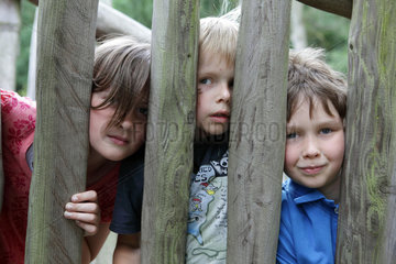 Marlow  Deutschland  Kinder schauen durch einen Holzzaun
