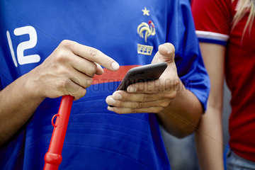 French football fan using smartphone at match  cropped