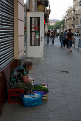 Lemberg  Ukraine  alte Frau verkauft etwas Gemuese  um sich die Rente aufzubessern
