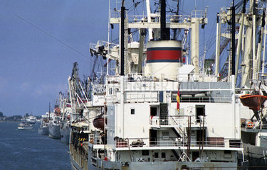 Rostock  DDR  Frachtschiffe im Ueberseehafen Rostock