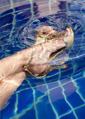 Ko Lanta  Thailand  Frauenfuesse in High-Heels im Wasser eines Pools