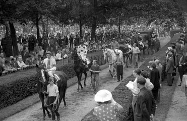 Hoppegarten  DDR  Pferde und Jockeys werden zum Gelaeuf gefuehrt