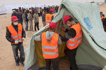 Ben Gardane  Tunesien  Mitarbeiter der Hilfsorganisation Islamic Relief bauen ein Zelt auf