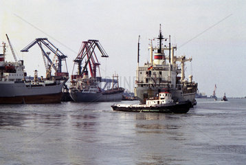 Rostock  DDR  Frachtschiffe und Schlepper im Ueberseehafen Rostock