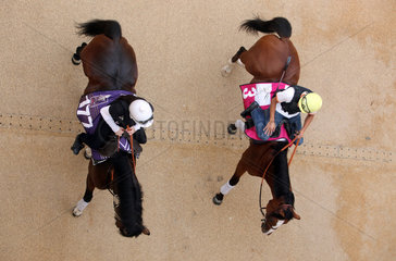 Dubai  Vereinigte Arabische Emirate  Aufsicht  Pferde und Reiter beim Training im Schritt