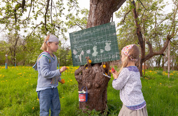 Ruehstaedt  Deutschland  Maedchen spielen unter einem Apfelbaum