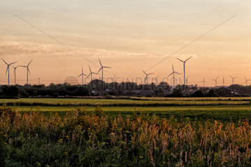Zehdenick  Deutschland  Windpark im Sonnenuntergang