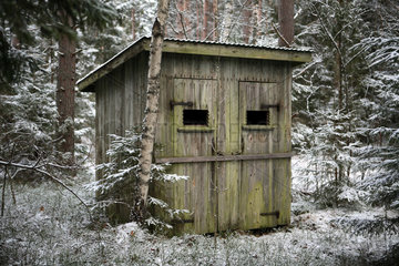 Belloe  Schweden  Toilettenhaeuschen im Wald