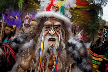 Berlin  Deutschland  Mensch mit Indianermaske auf dem Karneval der Kulturen