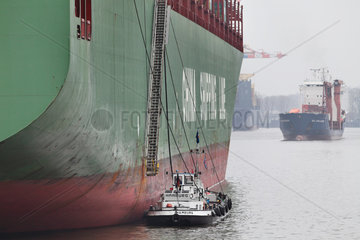 Hamburg  Deutschland  Versorgungsschiff an der Bordwand eines Containerschiffes