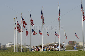 Washington Monument mit Flaggen und Touristen