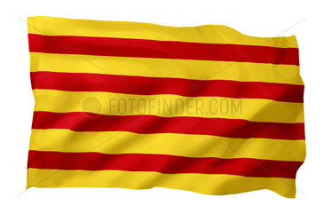 Fahne von Katalonien (Spanien; Motiv A; mit natuerlichem Faltenwurf und realistischer Stoffstruktur)