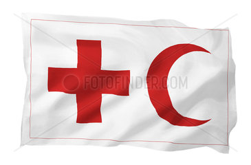 Fahne der Internationalen Rotkreuz- und Rothalbmond-Bewegung (Motiv A; mit natuerlichem Faltenwurf und realistischer Stoffstruktur)