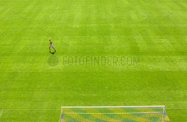 Lemberg  Ukraine  ein Mann rennt ueber den frisch gemaehten Rasen der Arena Lwiw  Spielstaette fuer die Fussball-EM 2012