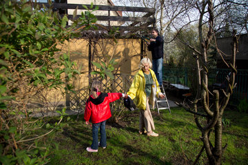 Breslau  Polen  ein Mann hilft seiner Schwiegermutter bei der Gartenarbeit