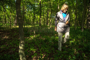 Starczanowo  Polen  eine Frau spaziert durch den Wald
