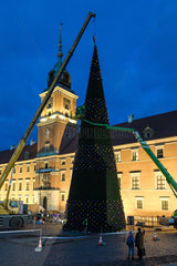 Warschau  Polen  Errichtung eines Weihnachtsbaums am Abend
