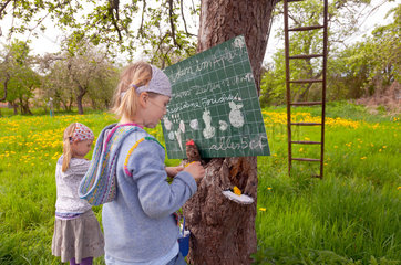 Ruehstaedt  Deutschland  Maedchen spielen unter einem Apfelbaum