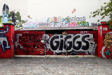 Berlin  Deutschland  mit Graffiti bespruehte Brandwand und Metalltor in der Linienstrasse