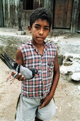Santiago de Cuba  Kuba  Junge mit einer Taube in der Hand