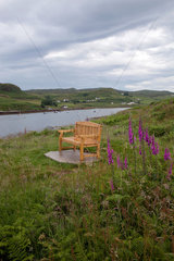 Bracadale  Grossbritannien  Landschaft mit Holzbank auf der Isle of Skye