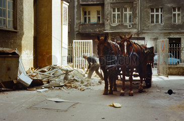 Berlin  DDR  Mann beseitigt Schutt in einer Hauseinfahrt mit einem Pferdewagen