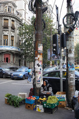 Bukarest  Rumaenien  aeltere Frau bietet am Strassenrand Gemuese zum Verkauf an