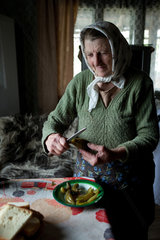Borscha  Rumaenien  eine Baeuerin im Wohnzimmer beim Kochen