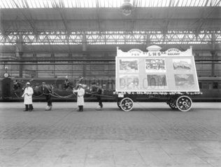Carnival display of posters  Blackpool Station  Lancashire  August 1924.