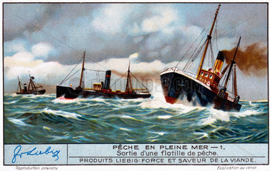 Fishing fleet setting out to sea  French Liebig trade card  early 20th century.