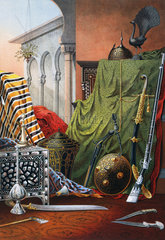 Selection of weapons and fabrics from Tunisia  1876.