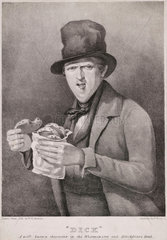 ‘Dick’; portrait of a young man in a scruffy top hat and cravat eating pies  1840s.