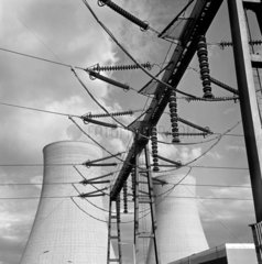 Power station cooling towers and insulators at West Burton. 1967.