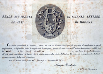Diploma from the Academy of Sciences  Letters and Arts  1828.