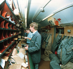 Sorting mail on the TPO  Newcastle to St Pancras  1987.