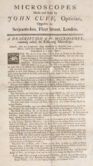 Trade card of John Cuff  optician  18th century.
