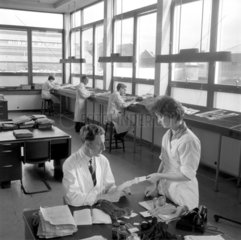 Chemists in colour test room examine treated fabrics  CIBA  Clayton.